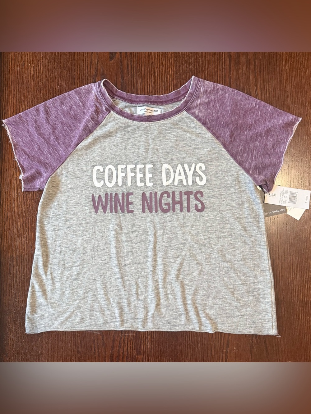 Coffee Days Wine Nights Gray & Purplish Wine Raglan Baby Tee Sz Med (New w/ Tag)